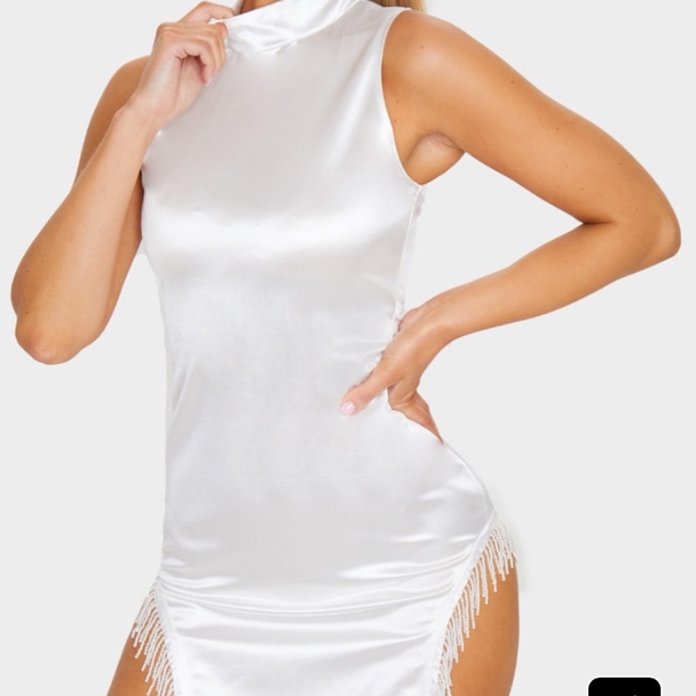 White Satin High Neck Sleeveless Bodycon Dress